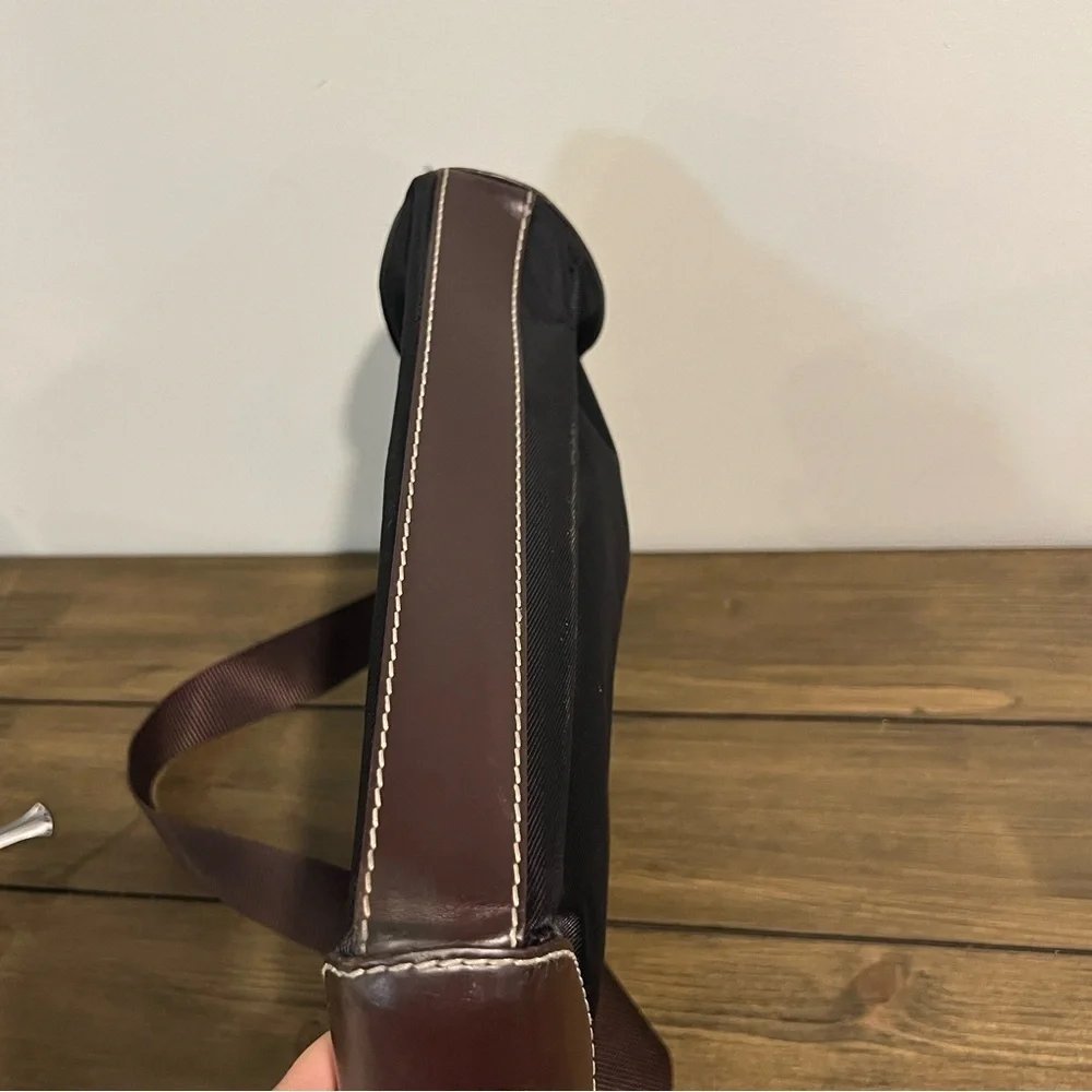 Lancel black nylon messenger crossbody bag with brown leather trim